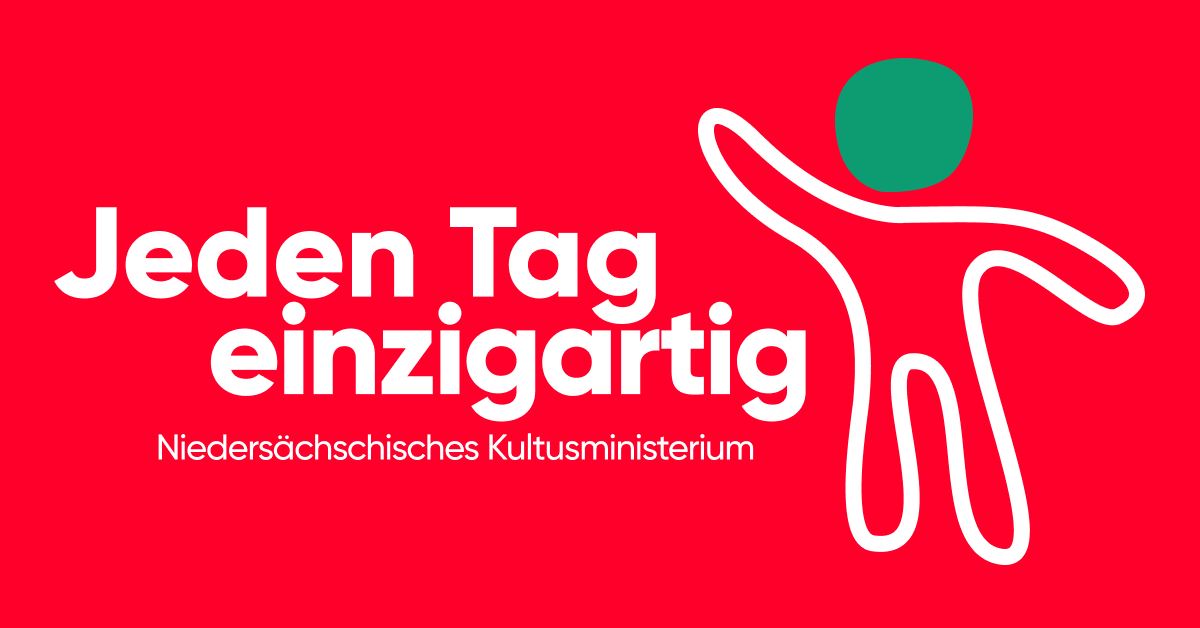 KM_Sharepic-red Logo mit rotem Hintergrund: Weiße Schrift 'Jeden Tag einzigartig' und darunter 'Niedersächsisches Kultusministerium'. Rechts daneben eine stilisierte, weiße Figur mit einem grünen Kreis als Kopf, die die Arme hebt.